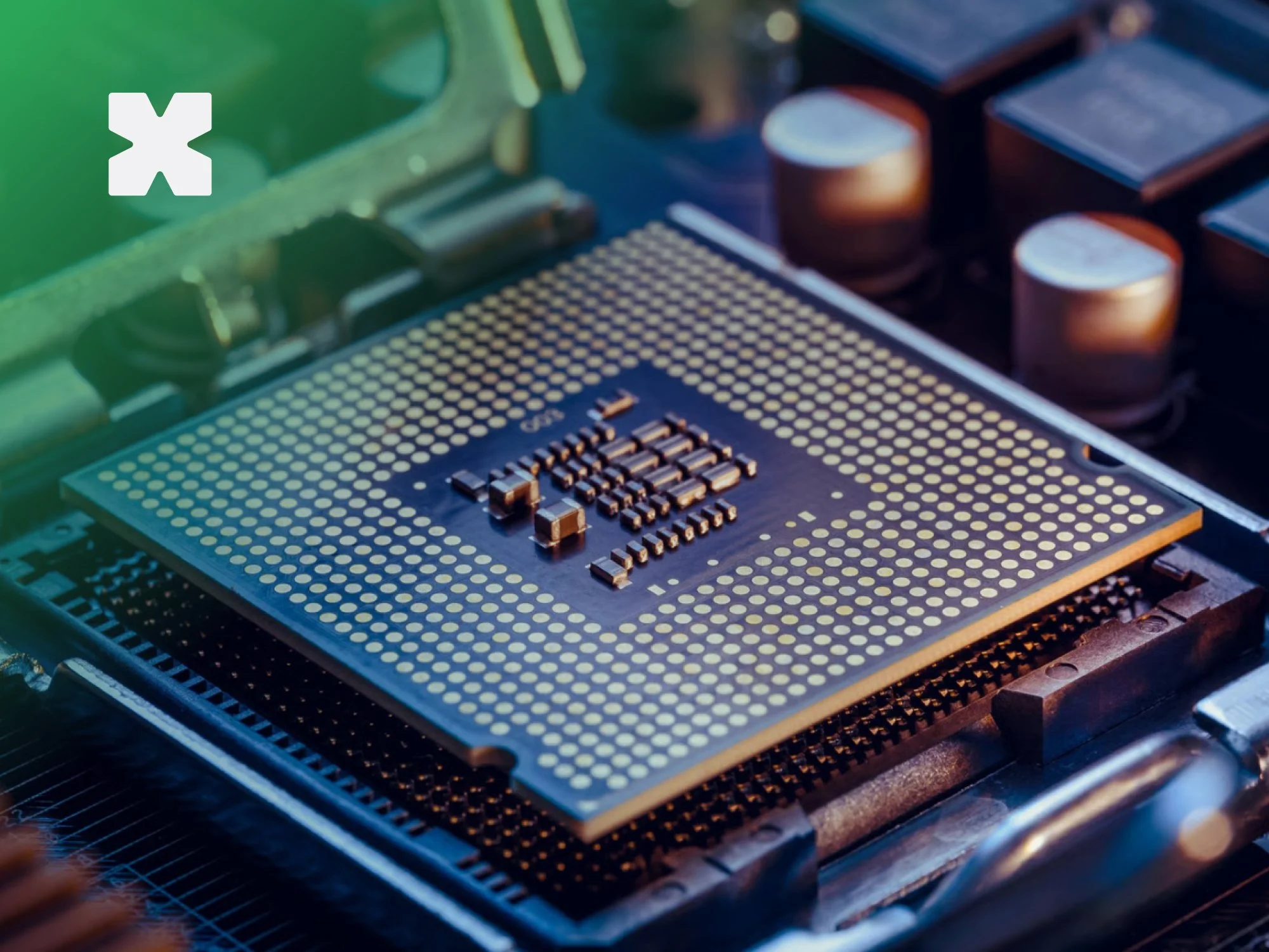 A close-up of a processor chip seated in its socket on a circuit board.