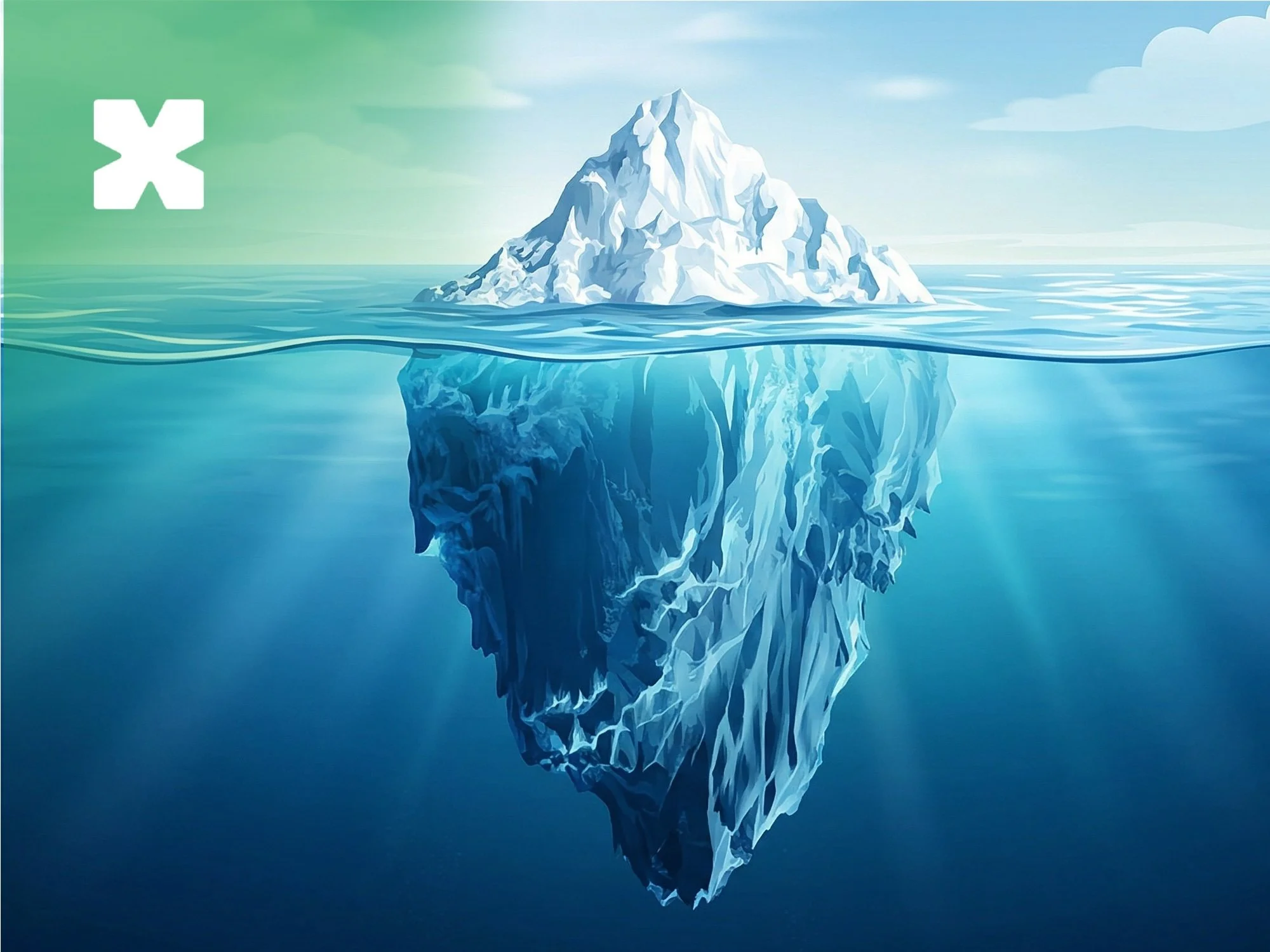 An iceberg with a small tip above the waterline and a vast mass below it.